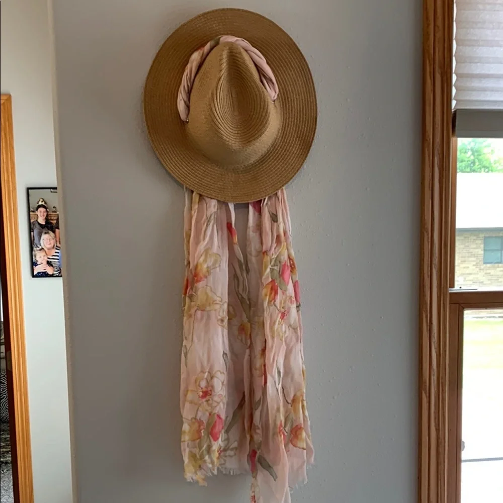 Betsy Johnson Straw Hat with Floral Scarf, like New